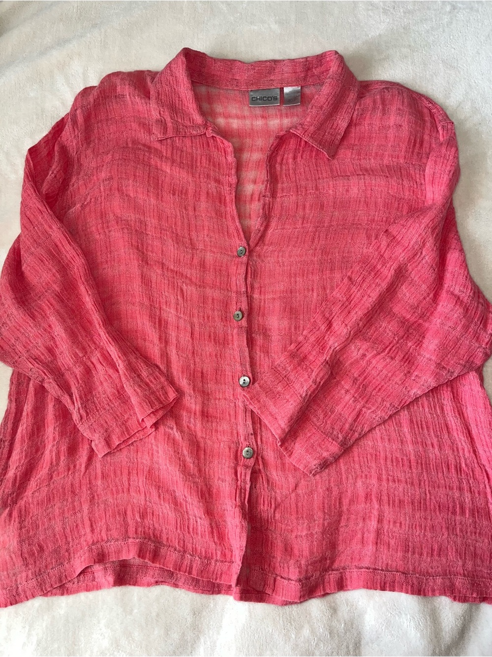 Chico's Vibrant Coral-Pink Button Down Shirt 100% Linen Chicos Size 3 Classic